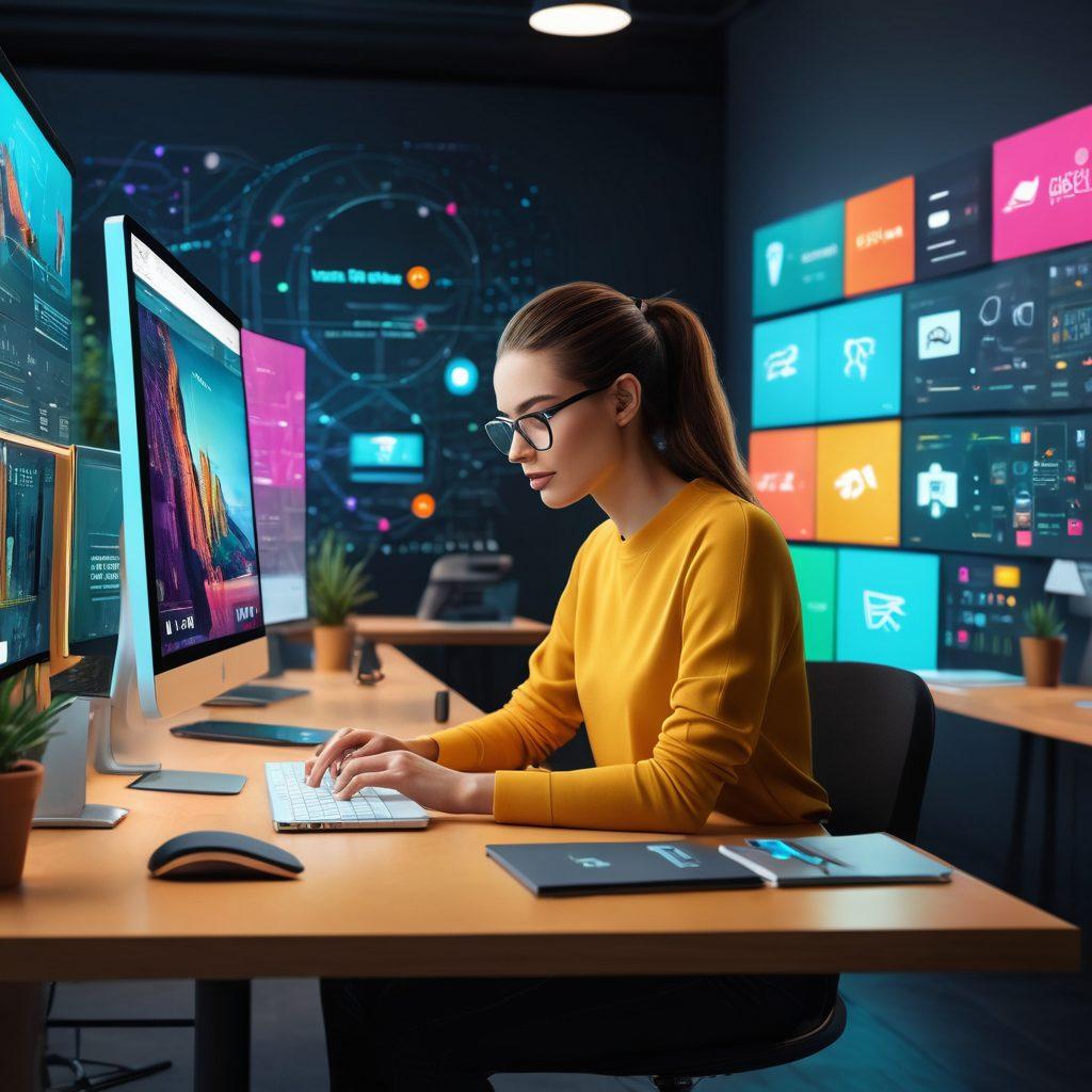 A sleek, modern workspace with a designer intensely focused on a vibrant screen displaying a variety of web and e-commerce interfaces. Digital elements hover around like widgets, showcasing seamless UX/UI elements and Vadu branding subtly integrated. The atmosphere exudes creativity, innovation, and precision. super-realistic. vibrant colors. professional. high-tech.