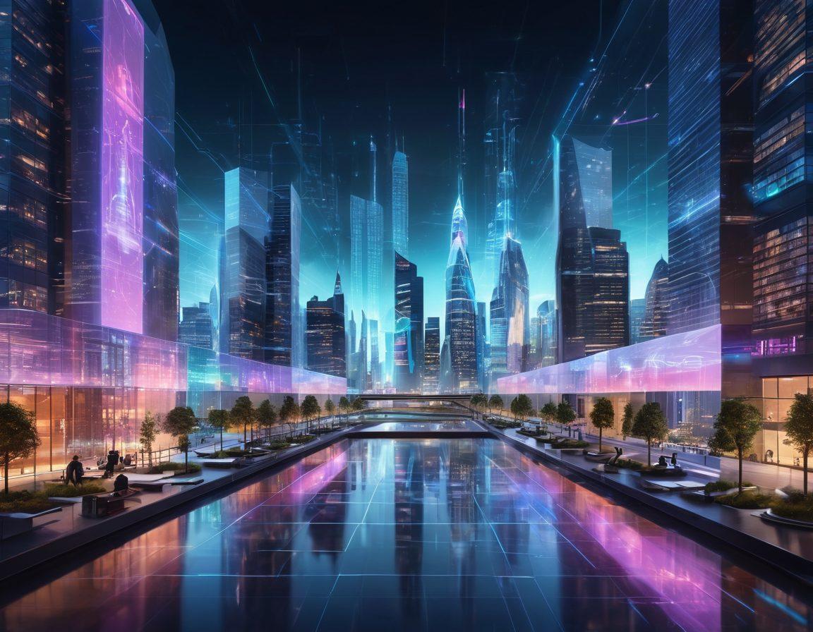 A futuristic cityscape with advanced digital interfaces seamlessly blending with urban elements, showcasing websites and design tools holographically projected in mid-air. Include a sleek, modern office environment in the foreground where web developers and designers are working with VR and AR technologies. Incorporate glowing, high-tech elements with a sense of innovation and progress. super-realistic. vibrant colors.