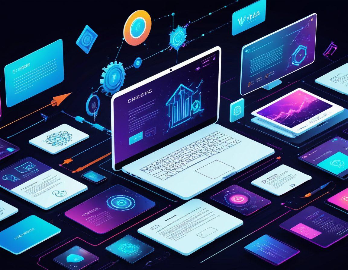A dynamic image showcasing a seamless transition from design sketches to fully deployed websites on various devices; featuring coding symbols, design tools, and deployment elements connected by arrows in a futuristic and innovative style. vibrant colors. 3D.